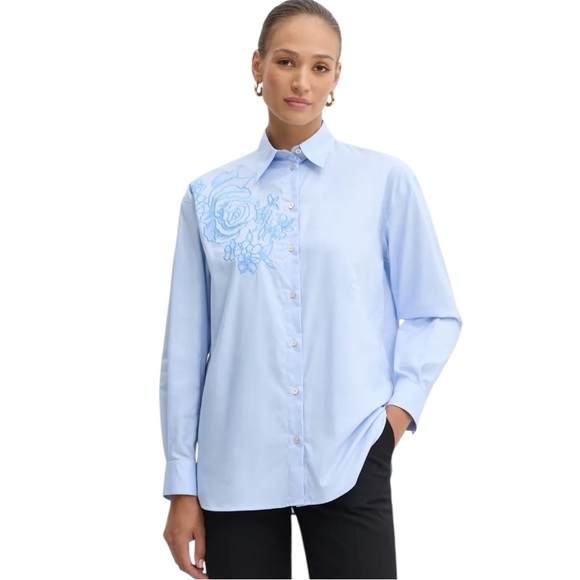 PINKO | Cartolina Embroidered Love Birds Cotton Oxford Shirt in Blue, US 4 - Picture 13 of 13